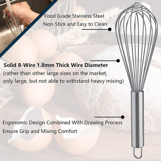 Whisks for Cooking, 3 Pack Stainless Steel Whisk for Blending, Whisking, Beating and Stirring, Enhanced Version Balloon Wire Whisk Set, 8"+10"+12"