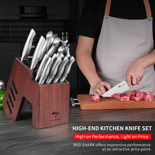 MAD SHARK Knife Set for Kitchen with Block, 17pc Cutlery Set, Built-in Sharpener, German Stainless Steel, Non-slip Ergonomic Handle, Dishwasher Safe
