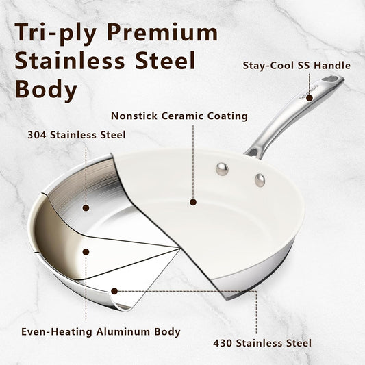 9.5" Tri-Ply Stainless Steel Frying Pan, Nonstick Ceramic Pan, Skillet with Stay-Cool Handle, Non Toxic, PFAS PFOA PTFE Free, Dishwasher & Oven Safe, Induction, Compatible with All Cooktops