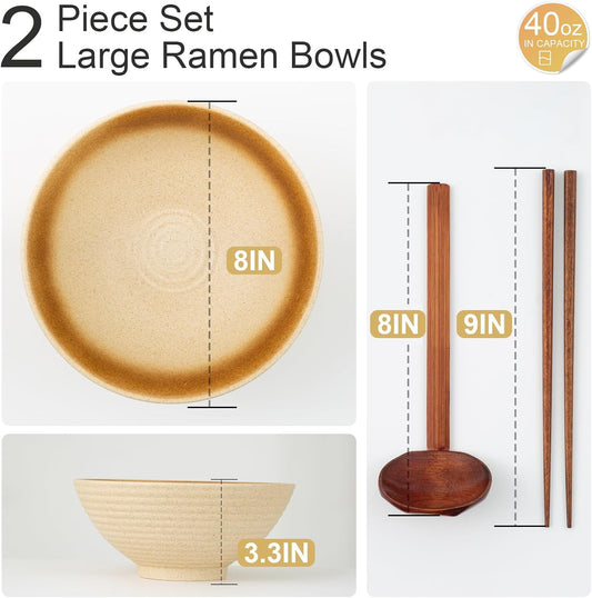 8 Inch Ceramic Ramen Bowl Set of 2, 40oz Japanese Bowls with Spoons & Chopsticks,Durable,Microwave & Dishwasher Safe,Perfect for Ramen,Pho,Salad,Soup,Noodles,Mixing bowls(Amber)