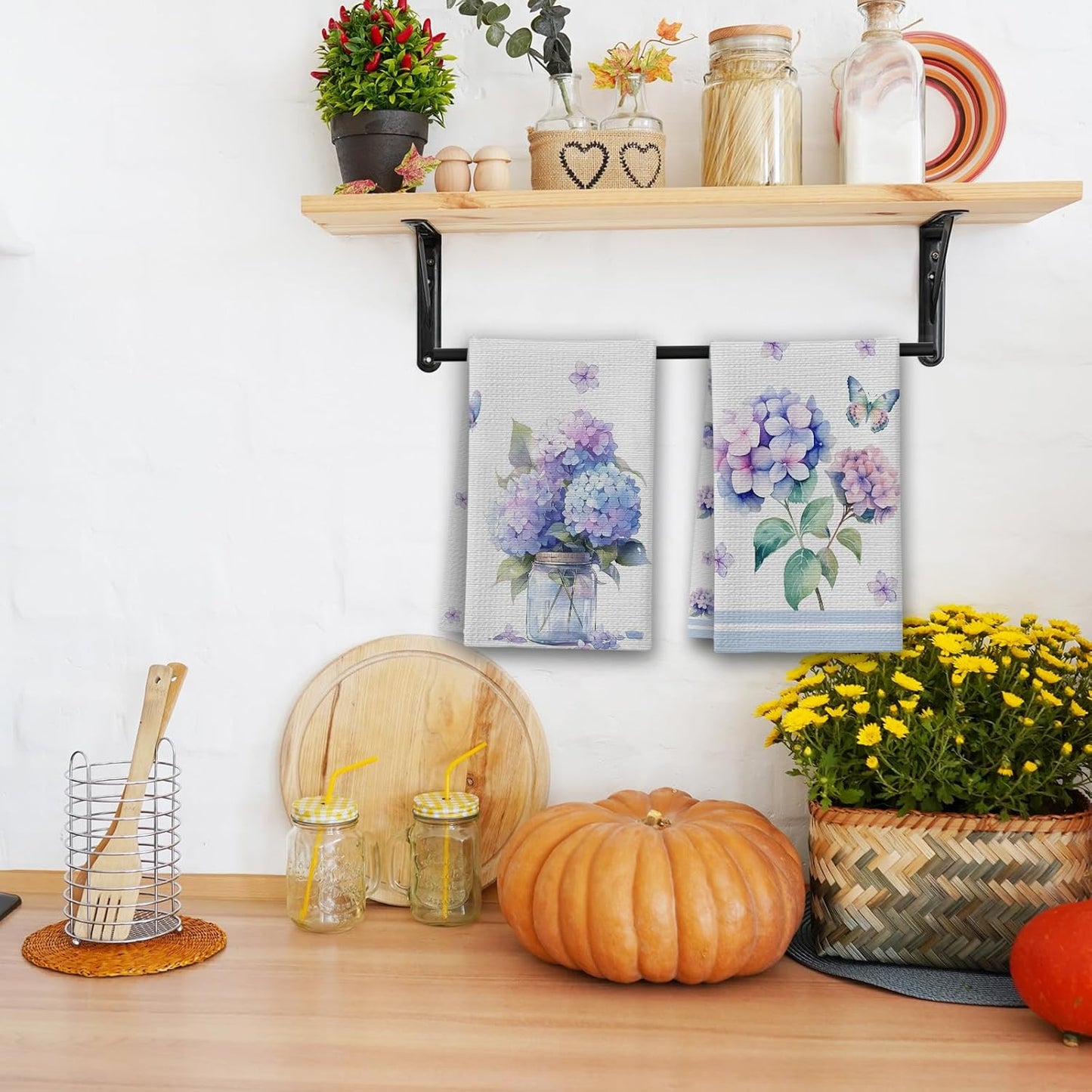 Hydrangea Kitchen Towels, Butterfly House Hand Towel Set of 2, Summer Flowers Gifts for Home Bathroom Holiday Decor - A05