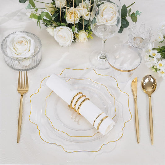 WDF 350Pcs Clear and Gold Plastic Plates - Heavy Duty Clear Plates Disposable - Gold Dinnerware Sets of 100 Plastic Plate 150Silverware 50 Cups 50 Napkins for Wedding/Party/Thanksgiving