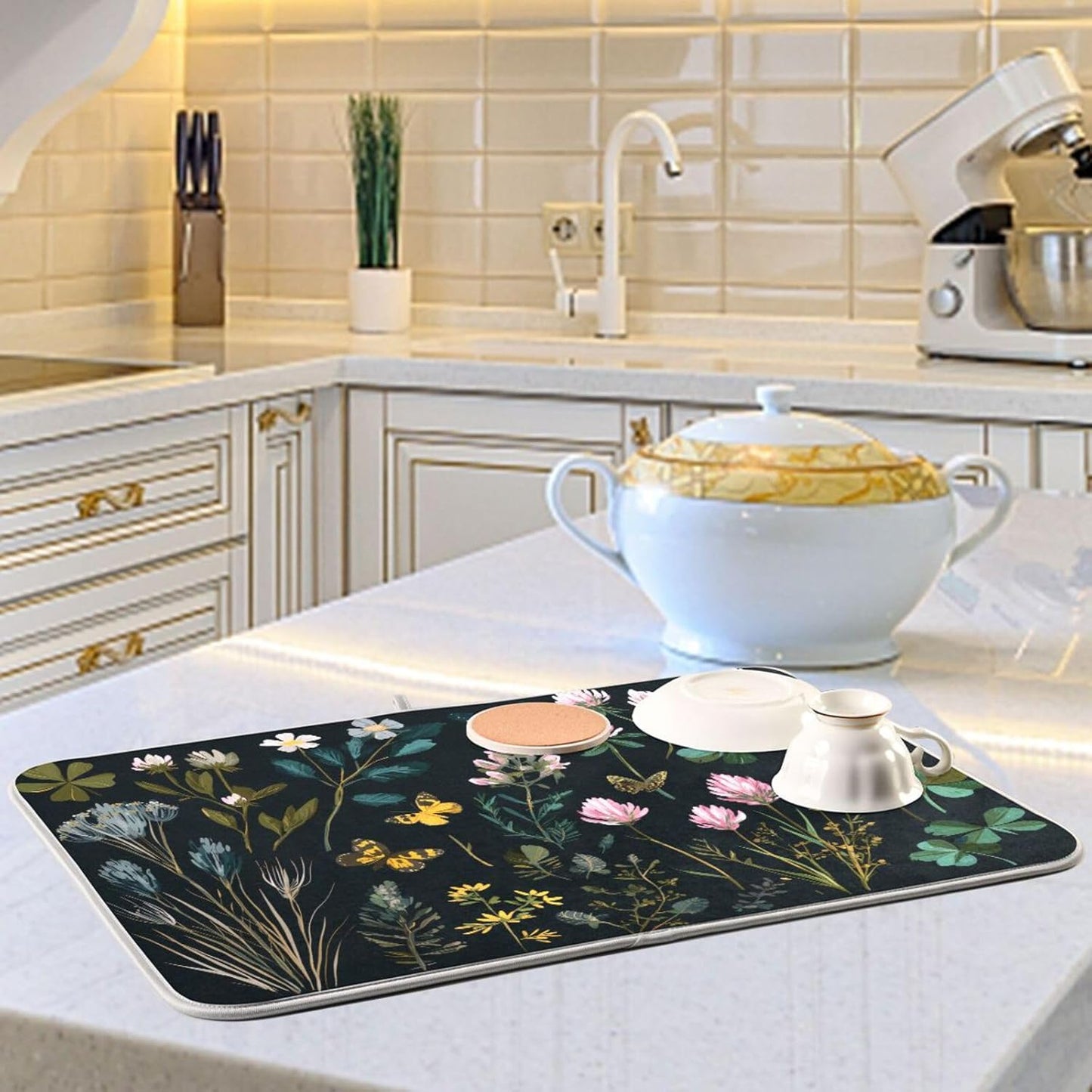 Wildflowers and Grasses Dish Drying Mat for Kitchen Counter Super Absorbent Dishes Pad Reversible Microfiber Protector Dish Draining Mats 16x18 inch
