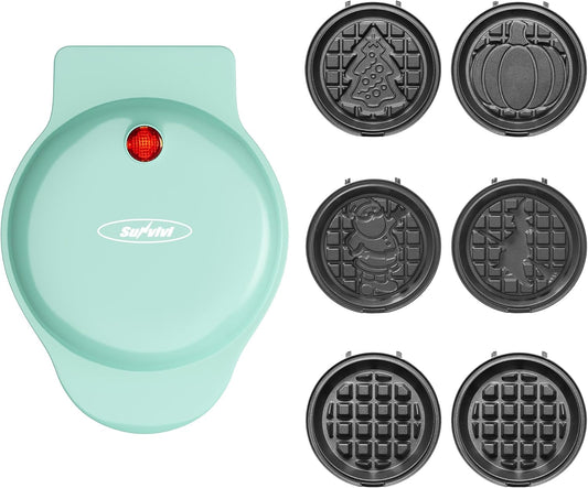 6 in 1 Mini Waffle Maker: 4” Waffle Iron with Removable Non-stick Plates, Perfect Mini Waffle Maker for Kids and Families, Light Blue