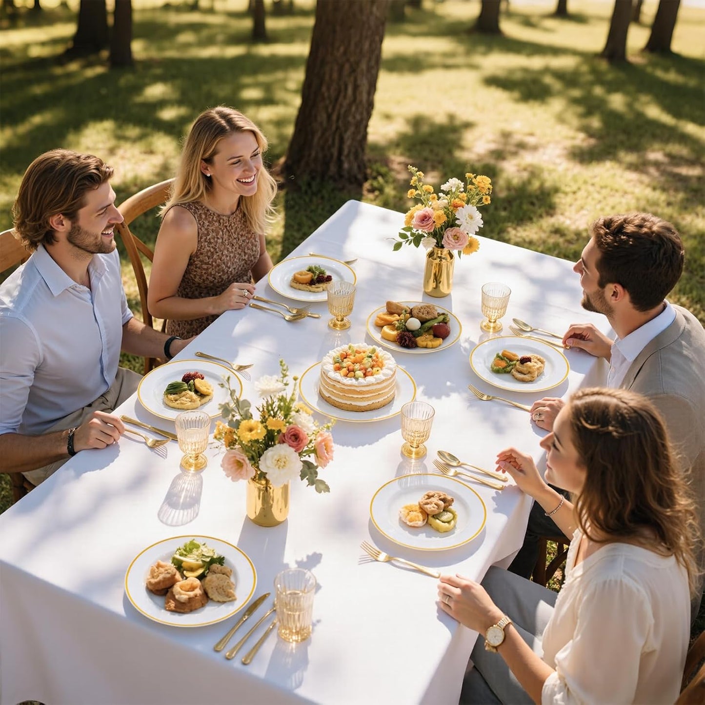 SUT 350 Pcs Gold and White Plastic Dinnerware Set for 50 Guests, Include: 50 Dinner Plates, 50 Dessert Plates, 50 Pre Rolled Napkins With Silverware, 50 Cups, Disposable Plates for Party, Wedding