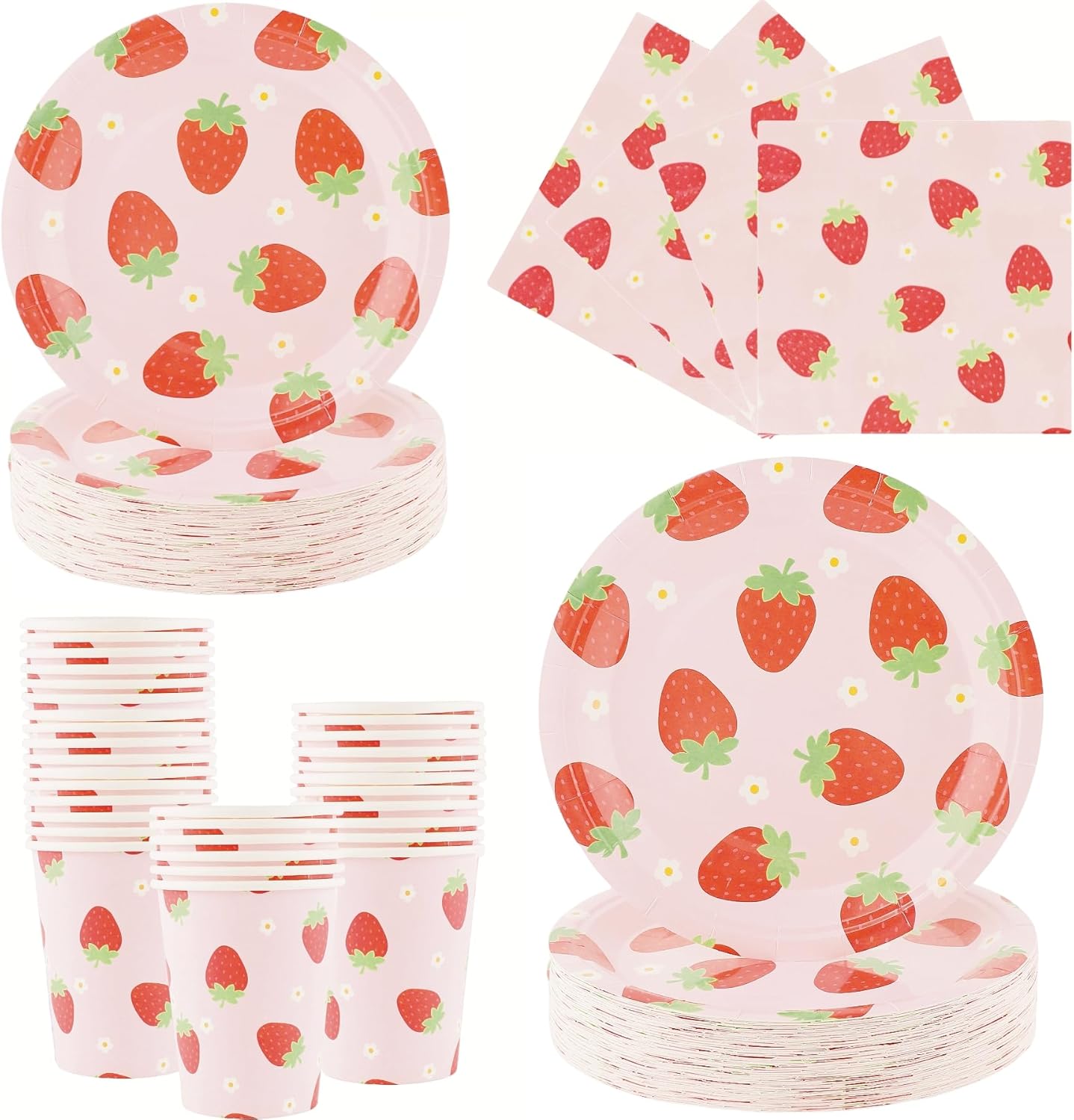 Strawberry Party Tableware Set - 200PCS Birthday Party Supplies Strawberry Disposable Paper Plates Dinnerware Set Dinner Plates Dessert Plates Cups Napkins for 50 Guests Baby Shower Fruit 1st