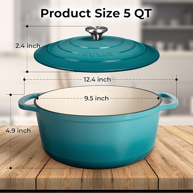 Zulay Kitchen 5 Quart Enameled Cast Iron Dutch Oven Pot with Lid – Premium Durability & Oven Safe up to 500°F – Heavy Duty Cookware Perfect for Bread Baking, Stews, Braising & Roasting – Light Blue