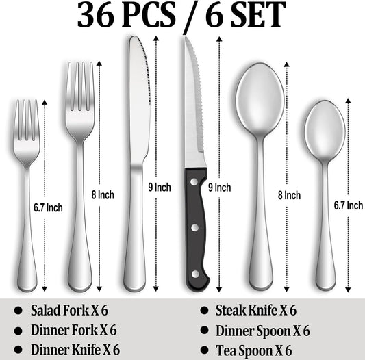 36 Pcs Silverware Set with Steak Knives Service for 6,Stainless Steel Flatware Set,Mirror Polished Cutlery Utensil Sets,Home Kitchen Eating Tableware Sets,Include Fork Knife Spoon,Dishwasher Safe