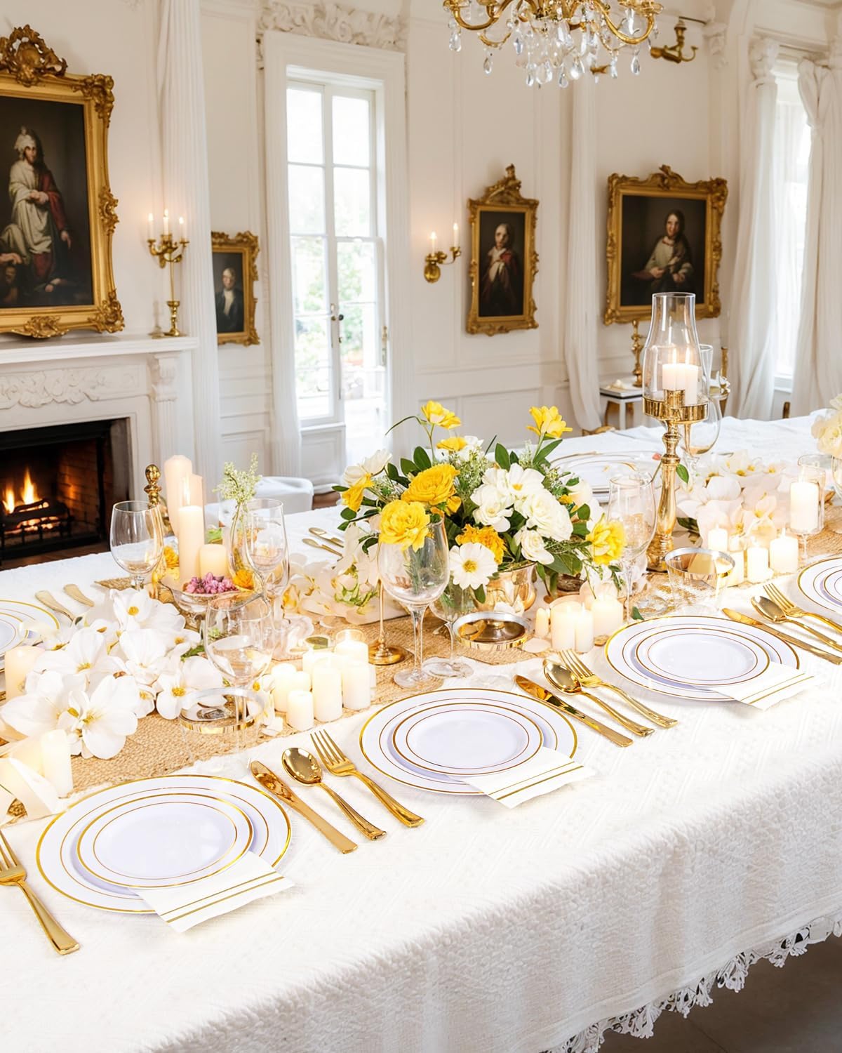 GATHER 350PCS White and Gold Plastic Plates - Disposable Plastic Dinnerware Set Include 50 Dinner Plates, 50 Dessert Plate, 150 Silverware, 50 Napkins, 50 Cups for Party & Wedding & Thanksgiving