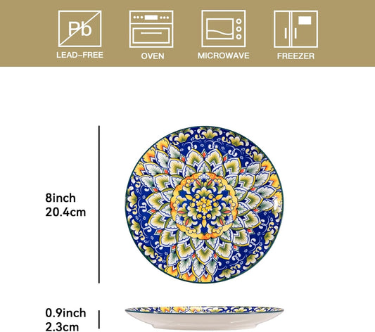 Sweejar Salad Plates 8 Inch,Ceramic Dessert Plates Set of 6,Bohemian Style Small Dinner Plates Dishwasher and Microwave Safe Round Colorful Dishes for Kitchen