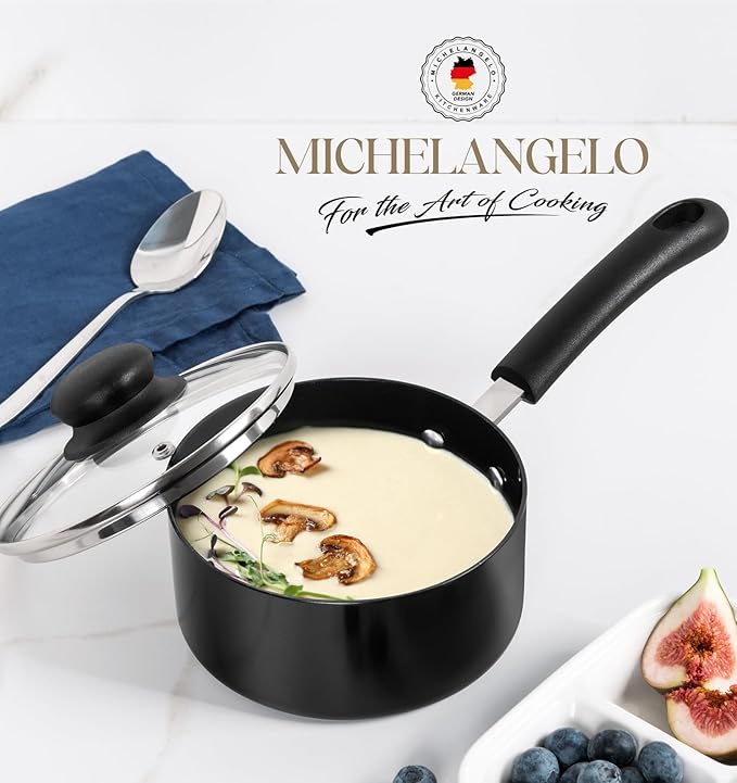 MICHELANGELO Nonstick 1 Quart Saucepan with Lid, Ceramic Small Sacuce pan, Easy to clean, Non-Toxic Saucepans, 1QT, Black