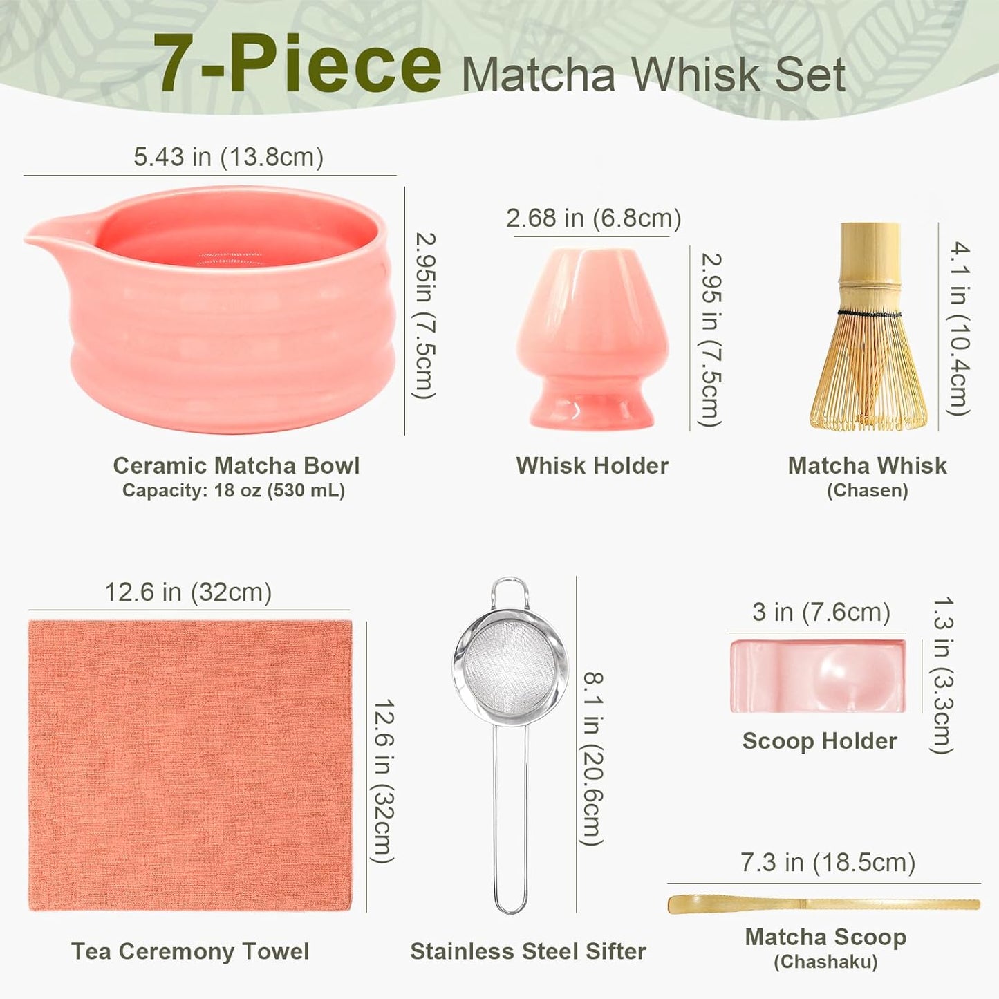 Matcha Whisk Set, 7Pcs Matcha Set - Matcha Bowl with Spout, Handcrafted Bamboo Whisk Chasen & Ceramic Holder, Steel Sifter, Towel, Matcha Kit for Tea Lovers, Timeless Ideal Gift (Pink)