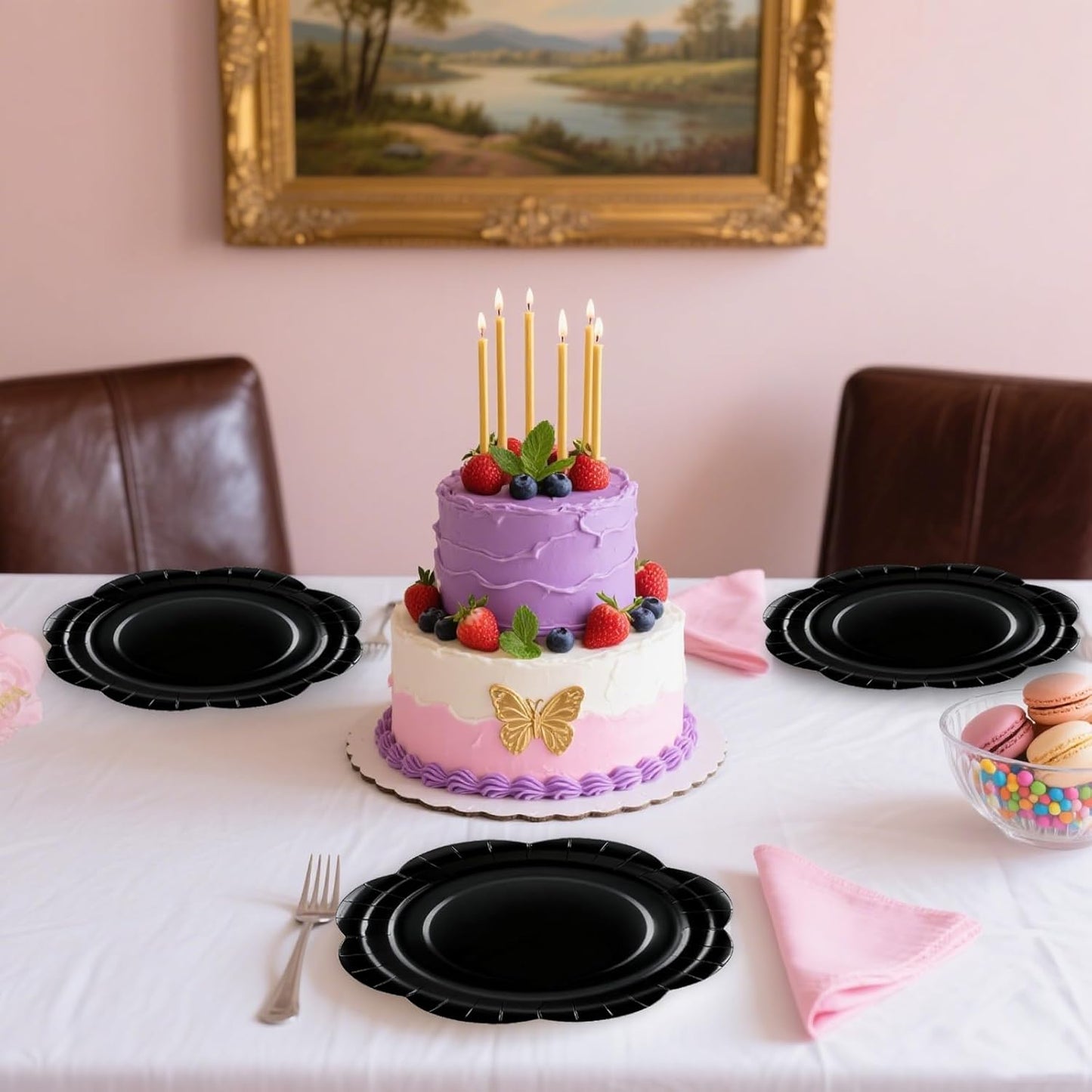 50 Pack Black Paper Plates 7 Inch, Disposable Scalloped Plates Cake Dessert Plate for Dinner Baby Shower Wedding Bridal Shower Birthday Party Supplies (Black, 7 inch)