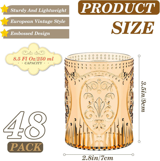 48 Plastic Vintage Drinking Glasses 8.5oz Stemless Retro Embossed Wine Glasses Shatterproof Reusable Cups for Baby Shower Wedding Reception Grand Event Party (Yellow)