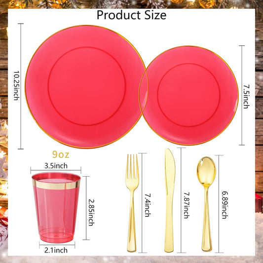 LIYH 180 Pcs Clear Red Plastic Plates Disposable - Red Dinnerware Set, Include Red and Gold Plates, Dinner Plate, Dessert Plate, Gold Plastic Silverware for Birthday Party