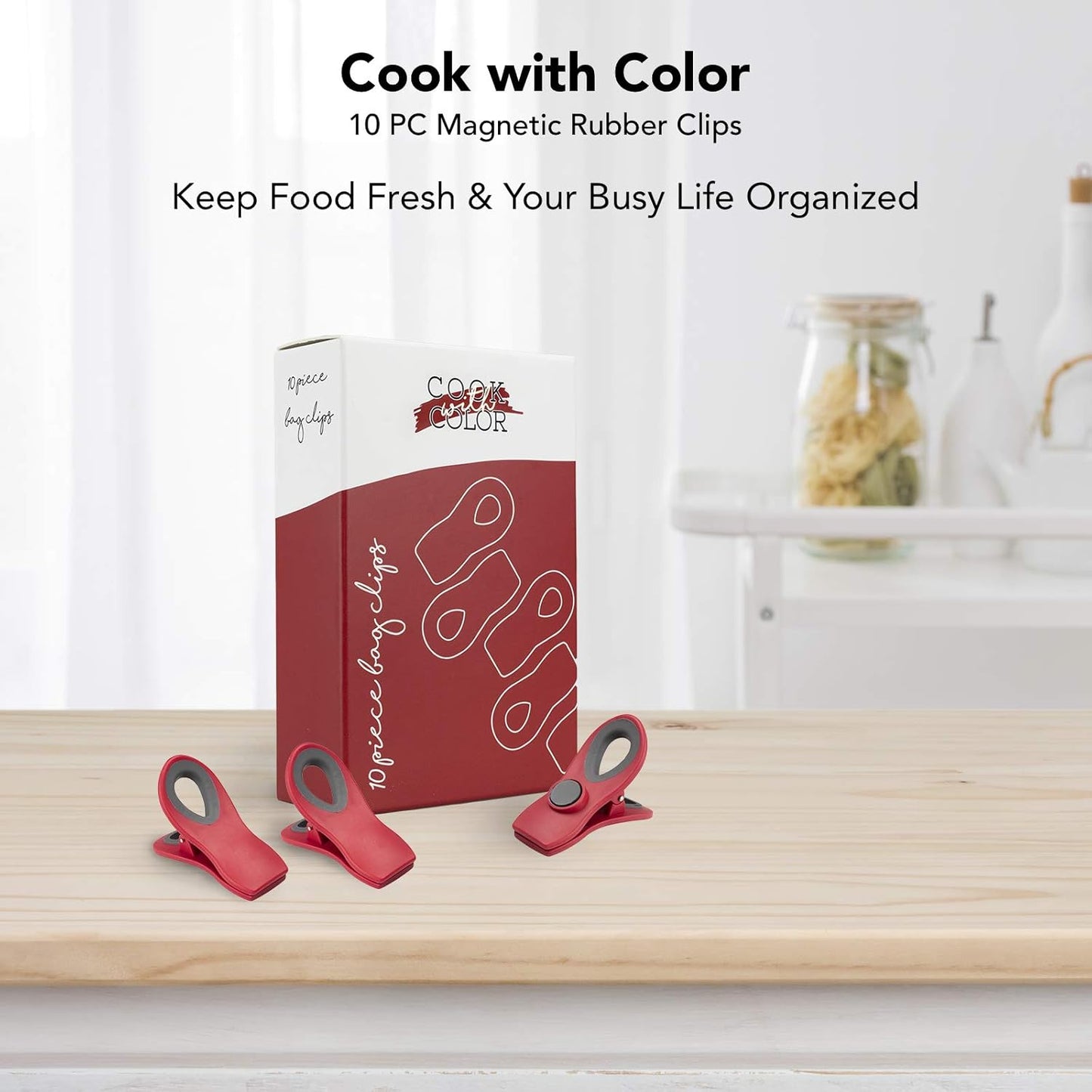 COOK WITH COLOR Bag Clips with Magnet- Food Clips, Chip Clips, Bag Clips for Food Storage with Airtight Seal Grip for Bread Bags, Snack Bags and Food Bags (Red, Pack of 20)
