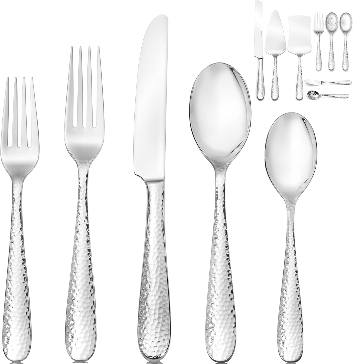 Hudson Essentials Premium 68 Piece Hammered Silverware Set, 18/10 Stainless Steel, Fine Flatware Service for 12 - Dishwasher Safe Bergamo Cutlery
