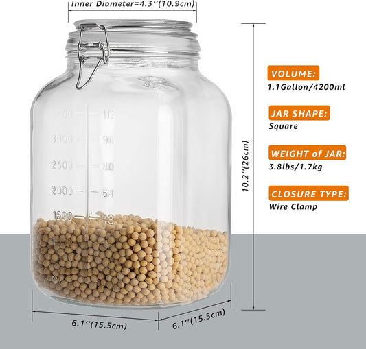 2 Pack 1.1 Gallon Square Super Wide Mouth, Airtight Glass Storage Jars, with Measurement Marks, Leak-Proof Lids for Kitchen Pantry, Canning, Dry Food (Flour, Sugar) & Drinks