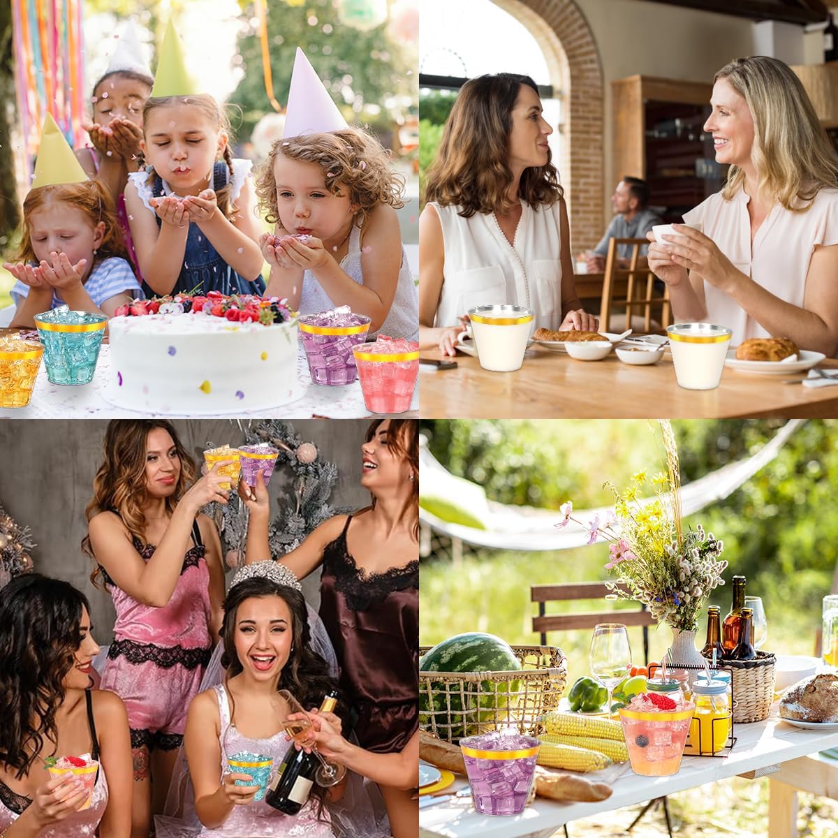 100 Pcs Gold Plastic Cups,9Oz Gold Rimmed Plastic Cups,Heavy Duty Gold Rim Clear Disposable Plasitc Cocktail Tumblers Wine Cup for Party,Wedding,Birthday,Christmas