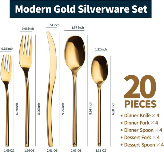 Lemeya 20-Piece Gold Silverware Set for 4,Modern 18/10 Stainless Steel Flatware Set,Luxury Cutlery Set,Unique Utensils Set for Restaurant,Spoons and Forks Set,Mirror Polished,Dishwasher Safe