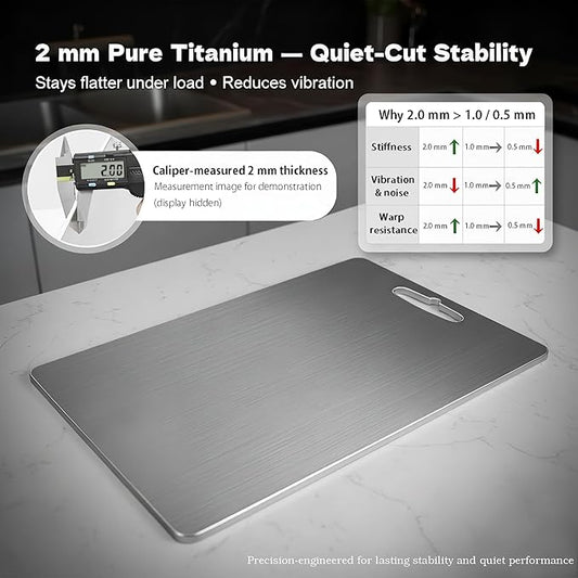 Titanium Cutting Boards For Kitchen, 2 mm Thick, 16 x 11 in 100% Pure Titanium Cutting Board, Stays Flat & Stable, Quieter, Less Vibration, Dishwasher Safe, Reversible, for Meat, Fish & Veg, BBQ Prep.