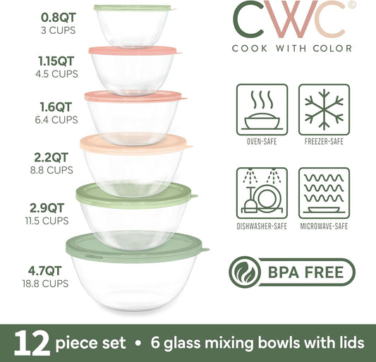 COOK WITH COLOR 12 Pc Glass Mixing Bowl Set with Lids – Borosilicate Glass Nesting Bowls for Cooking, Baking and Meal Prep, Multicolor