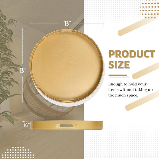 MAONAME 13" Gold Round Decorative Tray for Coffee Table, Modern Serving Tray with Handles, Plastic Ottoman Trays, Bathroom Decor