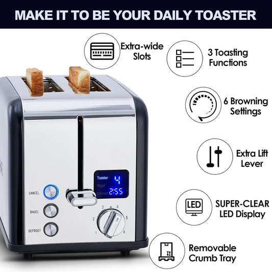 CUSIMAX 2 Slice Stainless Steel Toaster With Large LED Display, 1.5'' Extra-Wide Slots, 6 Browning Settings, Cancel/Bagel/Defrost Function, Removable Crumb Tray, Black