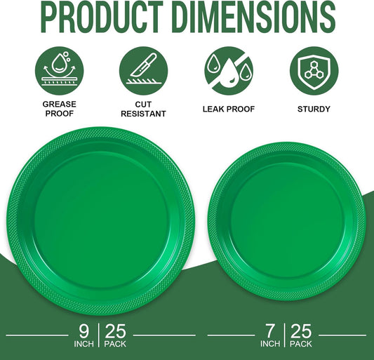 50 Green Plastic Plates For Party, Includes 25-9" & 25-7" Cake Dessert Plastic Dinner Plates Disposable For Party Supplies