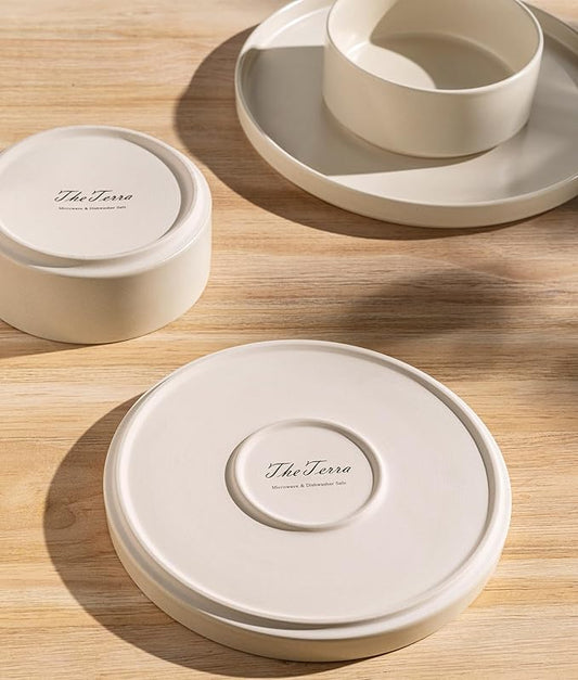 TheTerra Ceramic Dinnerware Sets for 8, 24 Pieces Handmade Reactive Glaze Plates and Bowls Set, Scratch Resistant Dish Set, Oven & Microwave & Dishwasher Safe, Ice Cream