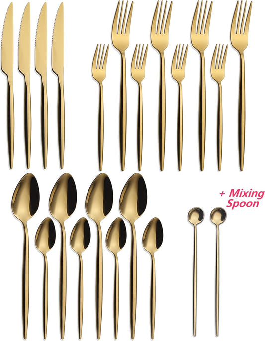 20 Piece Luxury Silverware Set for 4 Gold Mirror-Polished 18/10 Stainless Steel Heavy Flatware Set Modern Cutlery Set Knife/Fork/Spoon with Gifts for Home & Restaurant
