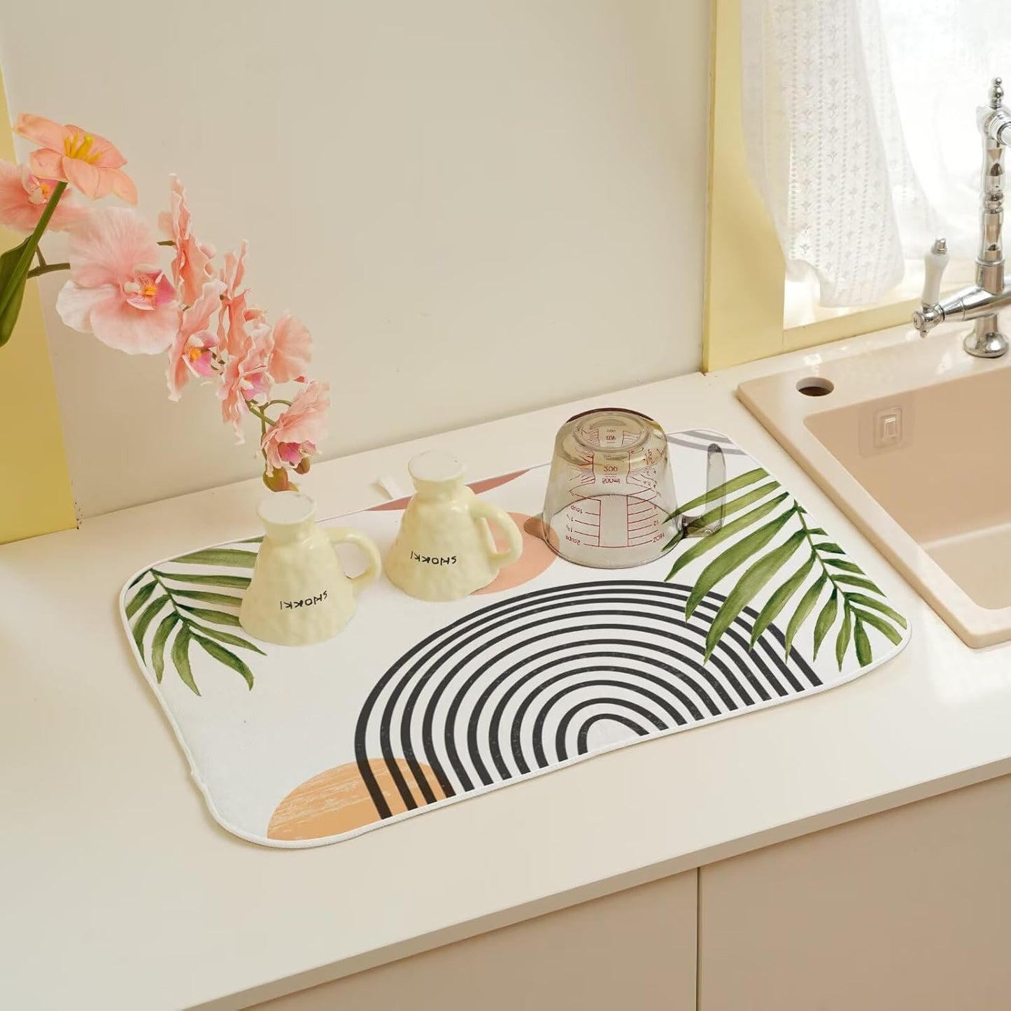 Boho Mid Century Dish Drying Mat 18 x 24 inch, Summer Abstact Coral Sunset Green Palm Leaf Decorative Drying Mats Microfiber Absorbent Dish Washable Draining Mat for Kitchen Counter Decor