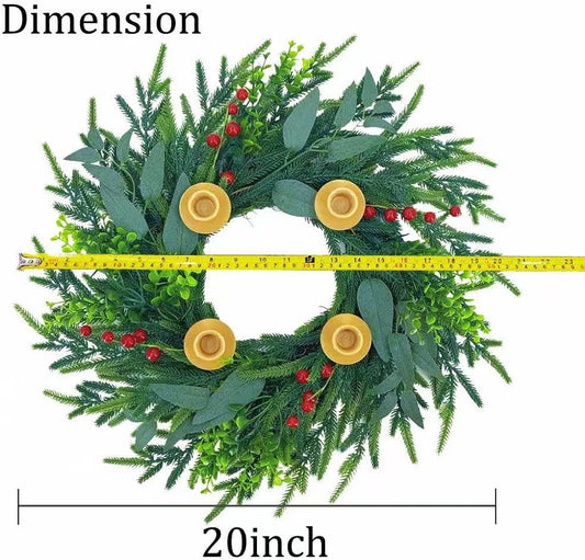 20Inch Christmas Pine Candle Wreath for Front Door, Artificial Advent Candle Holder with Red Berries for Holiday Tabletop Wall Window Porch Candle Decor