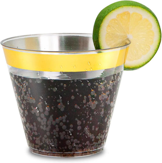 50counts 9 OZ. Disposable Cups Old fashioned Party Tumblers, 9 Ounce Squat Cups Gold Wine Glasses Hard Plastic Cups with Gold Rim