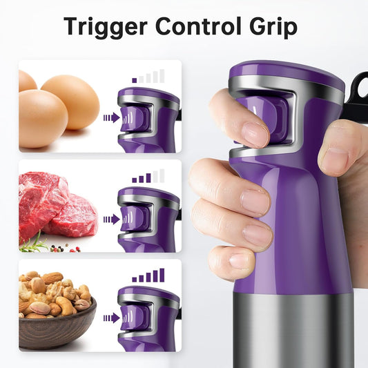 Immersion Blender Handheld Corded Hand Blenders Set 1100W, Trigger Variable Speed 5 in 1 Stick Emulsifier with Chopper, Whisk and Frother for Soup, Baby Food and Smoothies, Purple