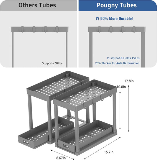 2PC Under Sink Organizer Rack 2 Tier Under Sliding Cabinet Basket Organizer Drawer with 4 Hooks, Multi-purpose Under Sink Storage for Bathroom Kitchen Desktop(Grey)