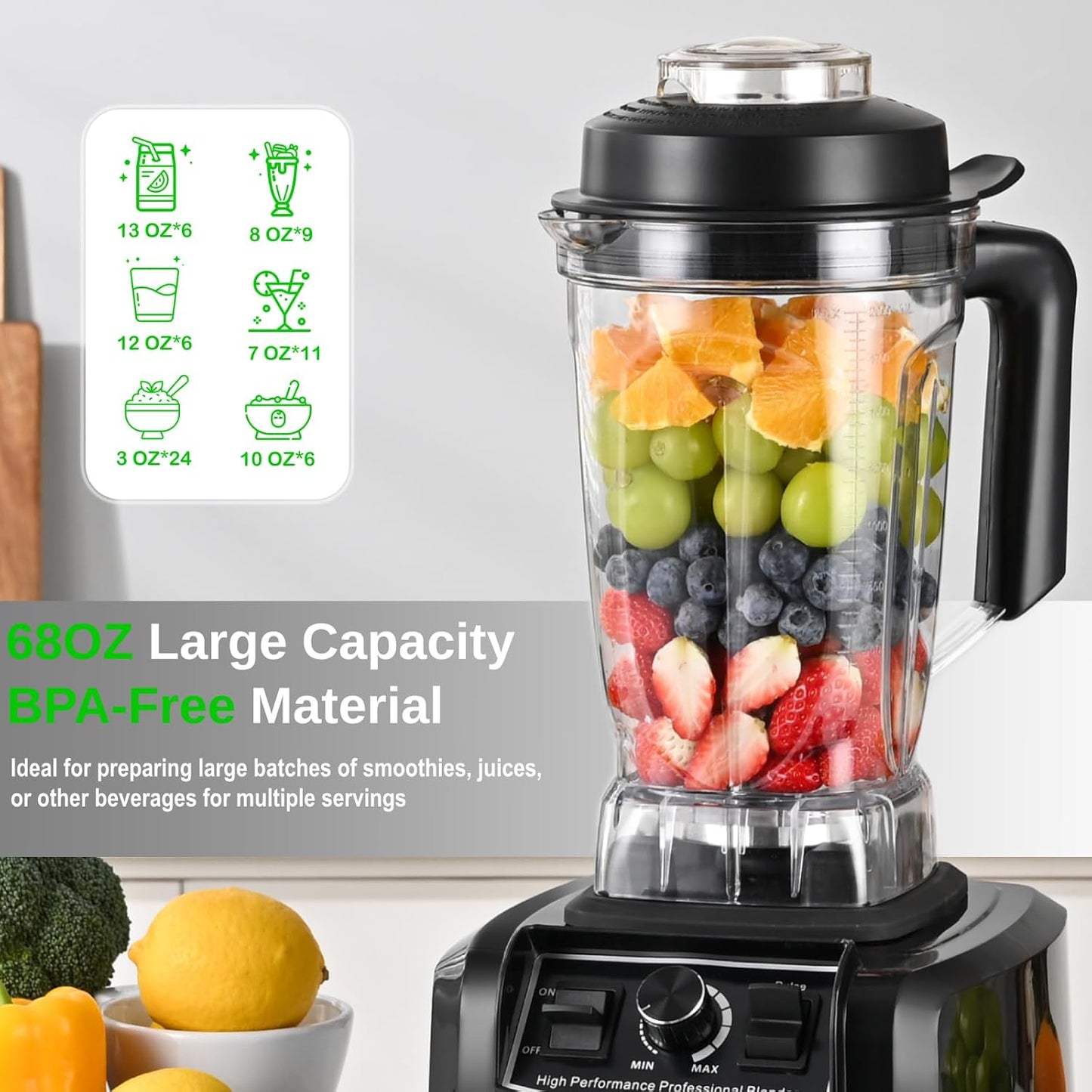 Kitchen in the box Blender 68 OZ - 1500 Watt Kitchen Smoothie Blenders Large Capacity, Professional Blender Making Frozen Drinks, Ice Crushing, Protein Shakes, BPA Free (Black)