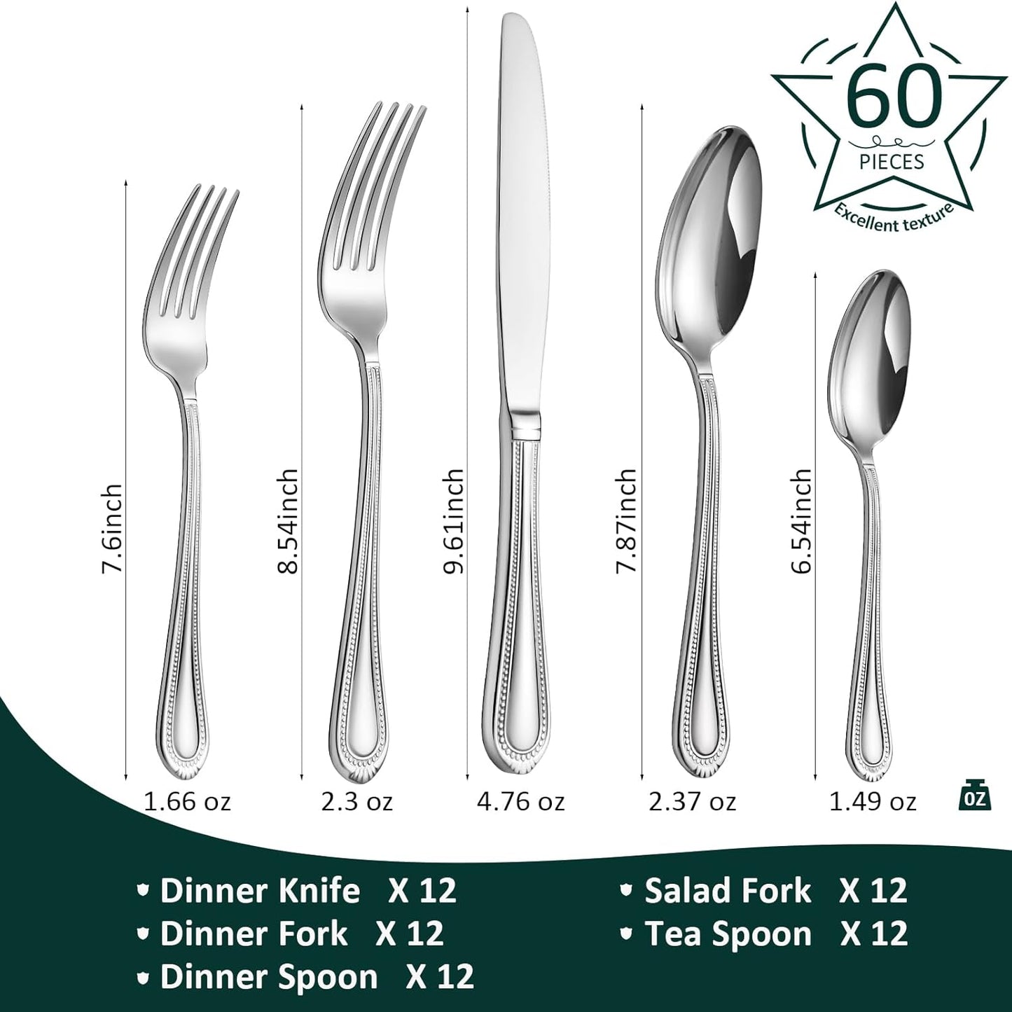 Lazycorner Silverware Set for 12, 60-Piece 18/10 Stainless Steel Flatware Set, Mirror Polished Modern Cutlery Set include Fork Knife Spoon Set(Dishwasher Safe)