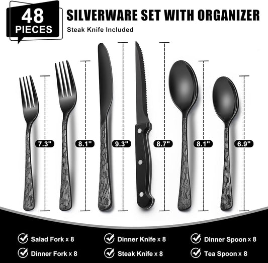 49-Piece Black Silverware Set with Organizer, Stainless Steel Tree Pattern Black Flatware for 8, Cutlery Utensil Sets with Steak Knives, Rust-proof, Mirror Polished, Dishwasher Safe