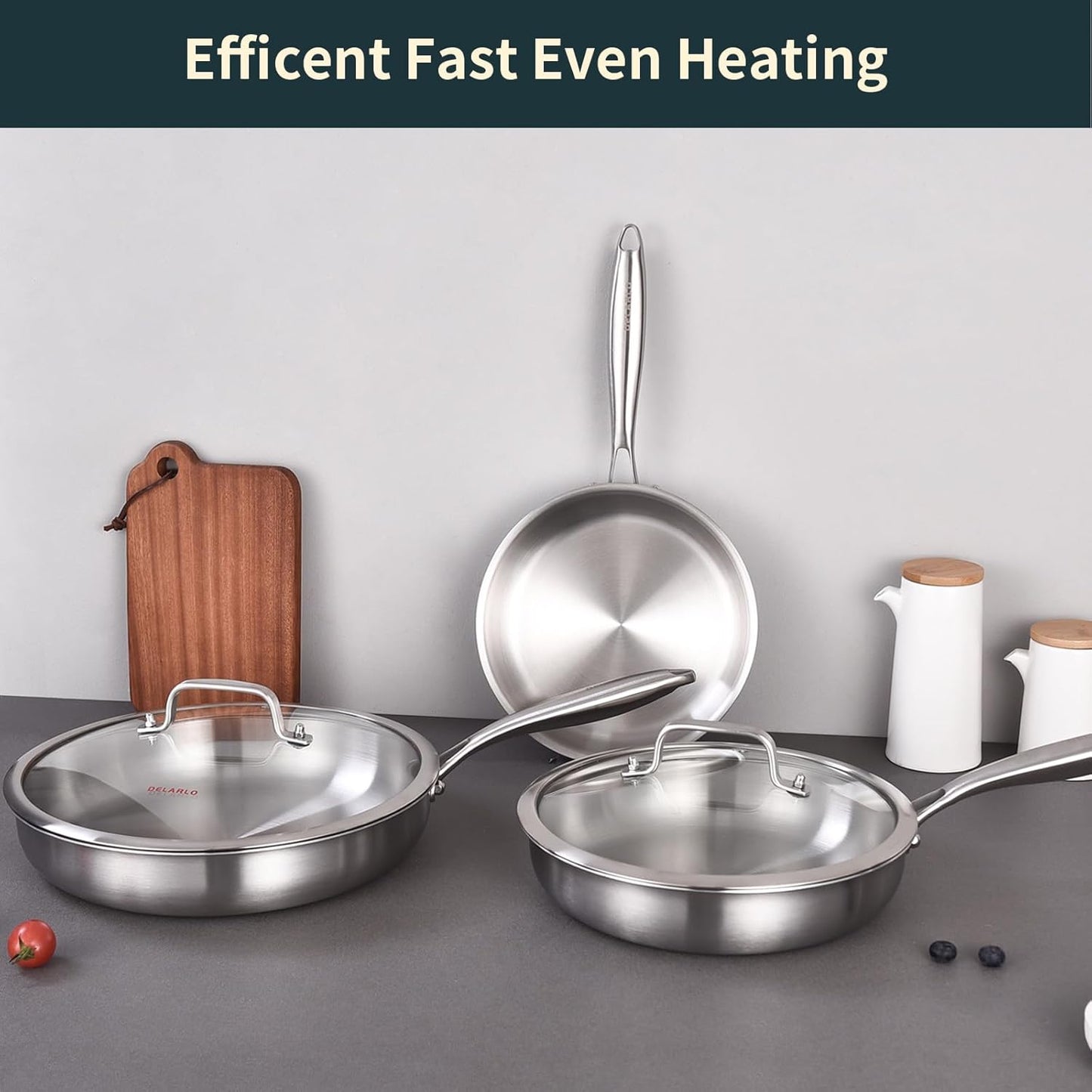 DELARLO Tri-ply Stainless Steel Frying Pan Set 8" 10" 12" With 3 Lid Induction large Skillets Chef's Pan,Pots and Pans Set Kitchen Cookware Set Suitable for All Stove