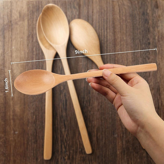 HAKSEN Wooden Spoons, 6PCS 9 Inch Wood Soup Spoons for Eating Mixing Stirring, Long Handle Spoon for Japanese Style Home Kitchen Cooking Stirring