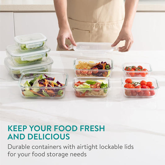 Navaris Glass Food Storage Containers with Lids - Set of 8, Airtight & Lockable - Reusable Meal Prep Containers for Lunch, Leftovers & Picnic - Microwave, Dishwasher & Oven Ready