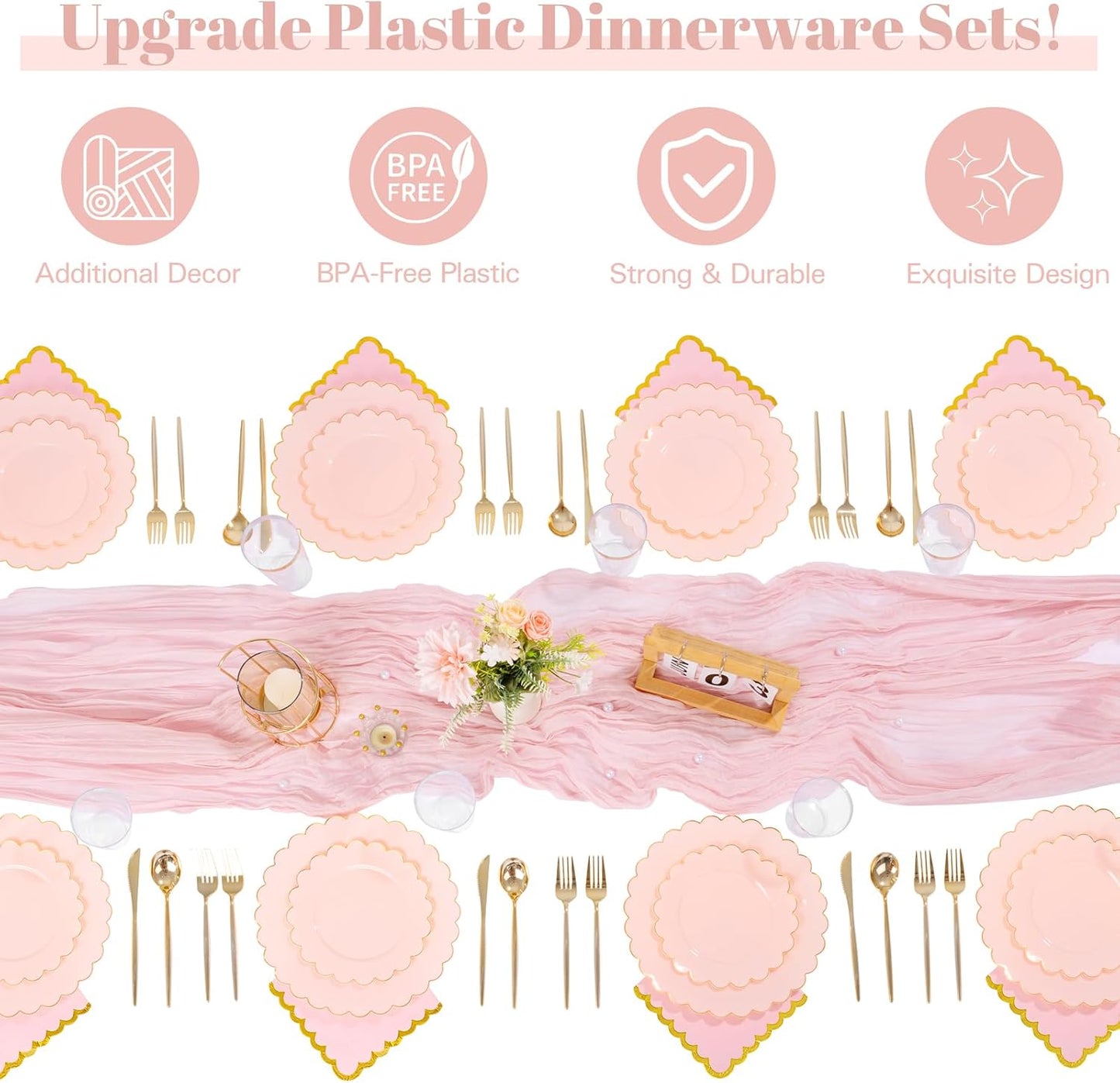 WONDERFUL 351pcs Pink Plastic Plates - Luxury Party Plates and Cups and Napkins Sets Includes 100 Disposable Plate 150 Heavy Duty Silverware 50 Cups 50 Wedding Napkins 1 Table Runner for Wedding Party