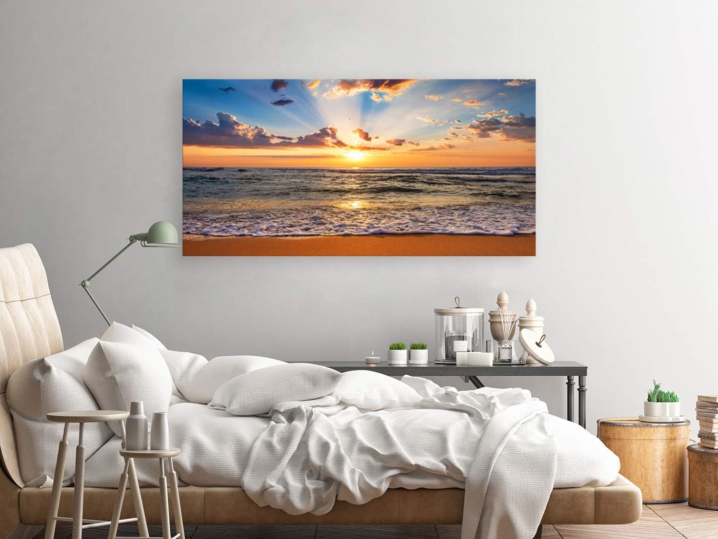 Muolunna BK1862 Wall Art Decor Large Canvas Print Picture Sunrise Ocean Beach 1 Panel Waves Scenery Painting Artwork for Office Wall Decor Home Decoration Stretched and Framed Ready to Hang XLarge