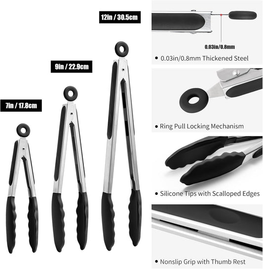 Doosu Kitchen Tongs for Cooking - 600°F Heat Resistant Food Tong Set with Non-Scratch Silicone Tips, Heavy Duty Stainless Steel Locking Tong for BBQ, Grilling Steak, Serving Salad (7+9+12in, Black)