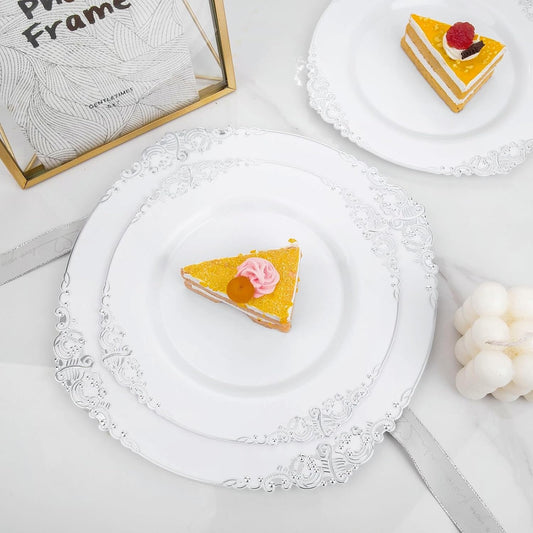 102PCS White and Silver Plastic Plates - Heavyweight Silver Plate - Wedding Plate with Silver Rim - Fancy Dinner & Dessert Plates for 51 Guests Weddings & Parties & Christmas