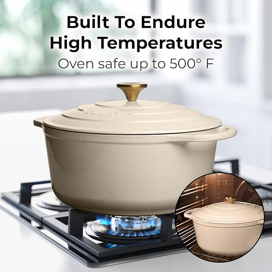 Zulay Kitchen 5 Quart Enameled Cast Iron Dutch Oven Pot with Lid – Premium Durability & Oven Safe up to 500°F – Heavy Duty Cookware Perfect for Bread Baking, Stews, Braising & Roasting – Ivory