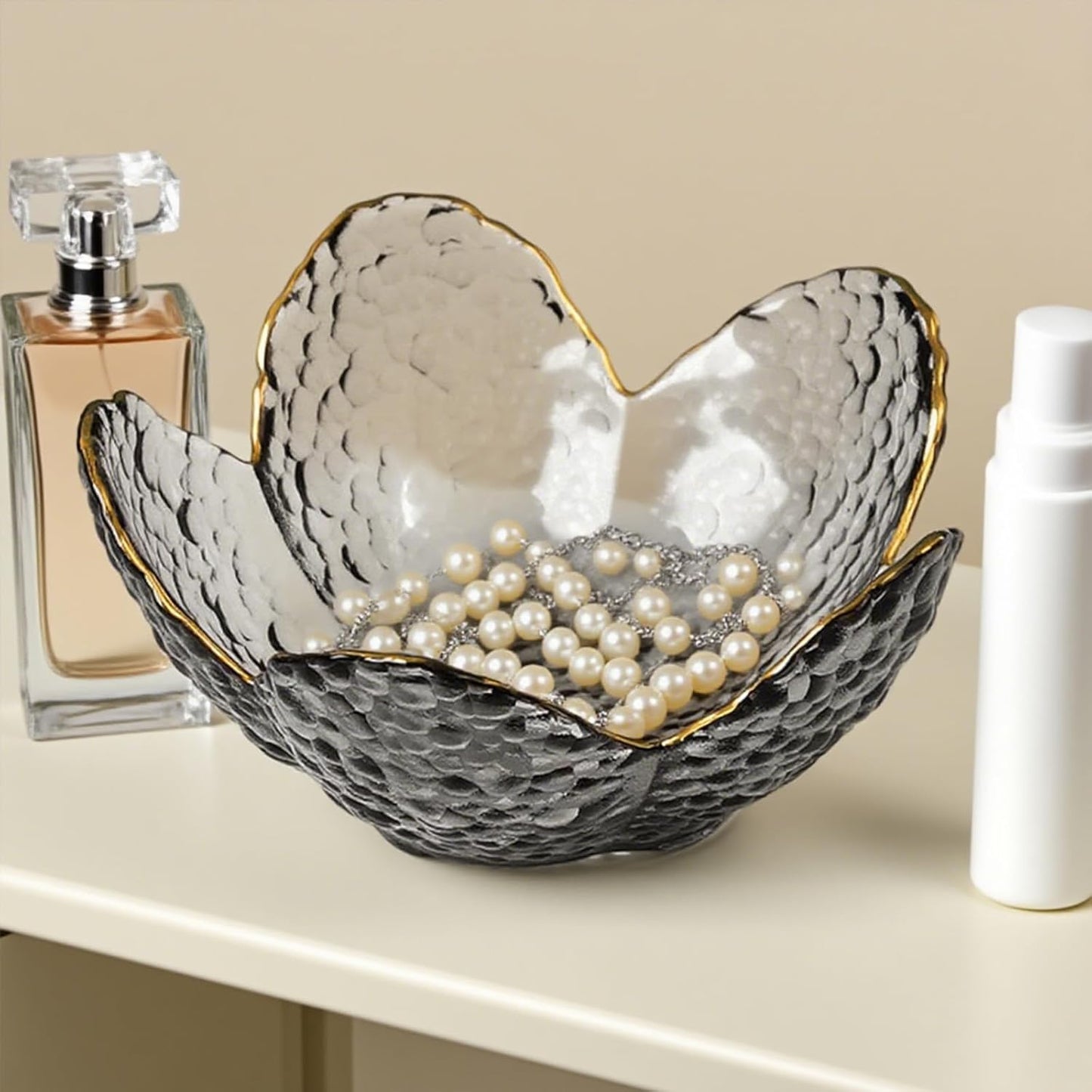 Glass Jewelry Dish Tray, Small Jewelry Tray Trinket Dish, Flower Ring Dish Engagement Gift, Crystal Ring Holder for Women, Bathroom Jewlery Plate Dish, Nightstand Jewelry Bowl for Earrings