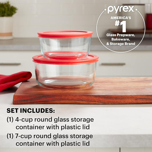 Pyrex Simply Store 2-Pack (4 & 7 Cup) Large Glass Food Storage Containers Set, Snug Fit Non-Toxic Plastic BPA-Free Lids, Freezer Dishwasher Microwave Safe