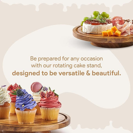 Rotating Cake Stand With Lid - 12 Inch Round Cake Holder with Cover, 4” Tall, Acacia Wood Spinning Cake Turntable for Decorating, Display and Serving Platter, Acrylic Cake Dome, No Glass